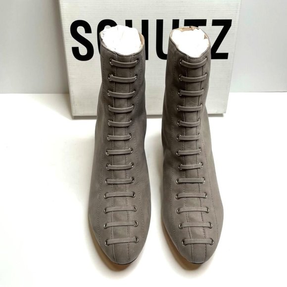 NIB SCHUTZ BRAELYN FRONT LACE SUEDE BOOTIES IN MOUSE/LIGHT GREY SZ:9 NWT - Picture 2 of 16